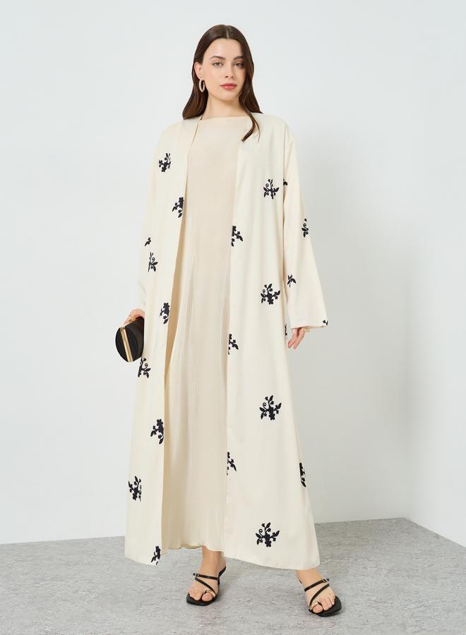 Styli Women Beige Floral Print Kimono Abaya - Image 1